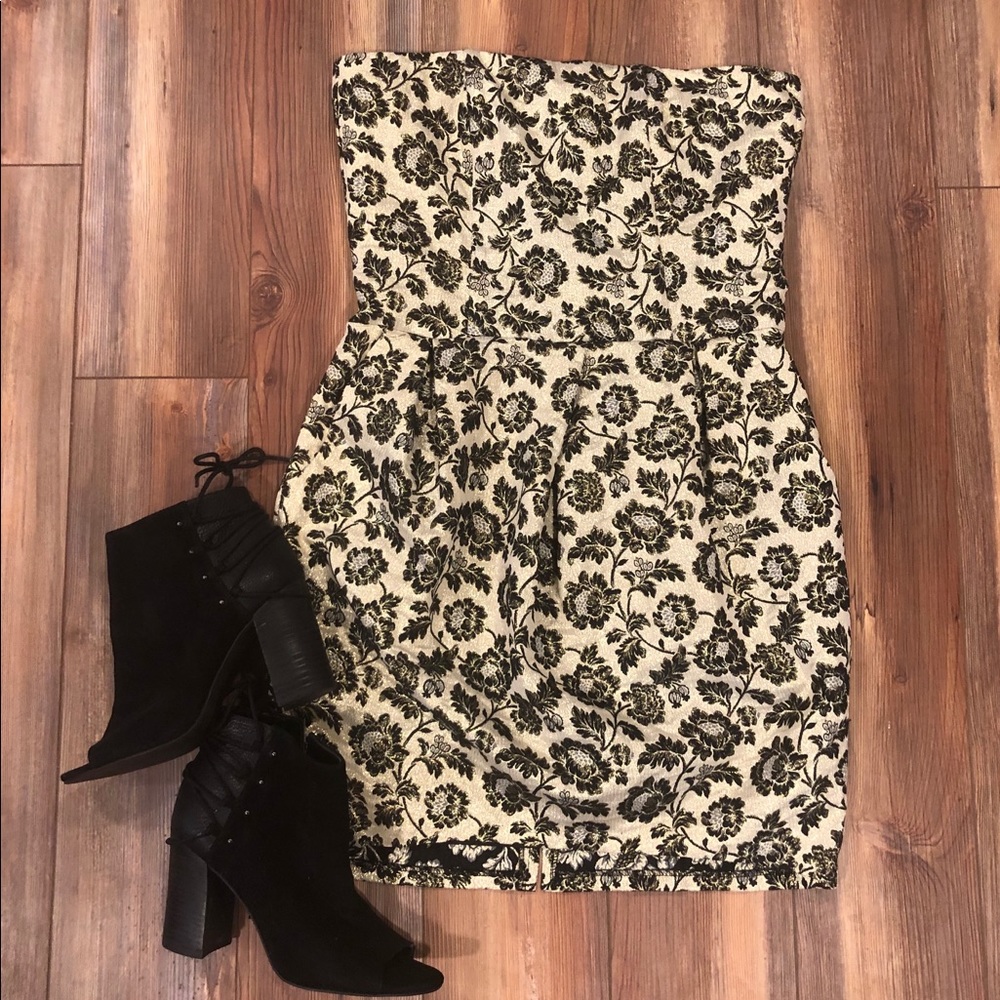 Black & Gold Sparkle Floral Strapless Party Dress